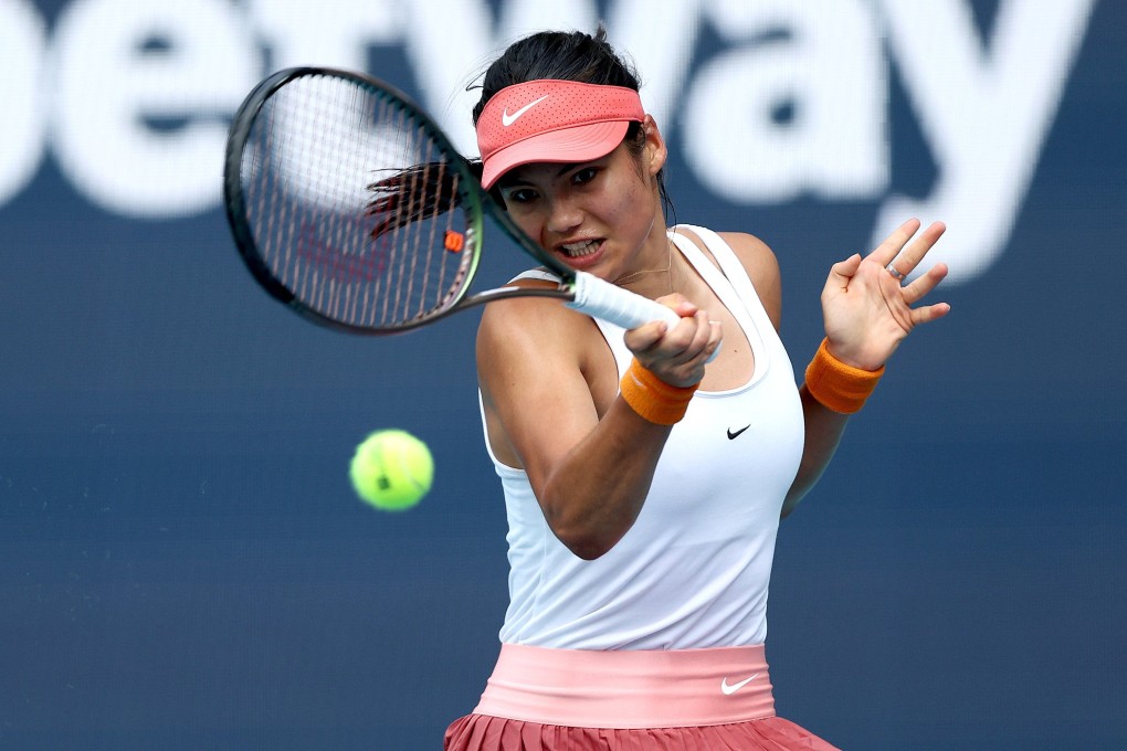 Emma Raducanu returns a shot to Katerina Siniakova during the Miami Open. Photo: AFP