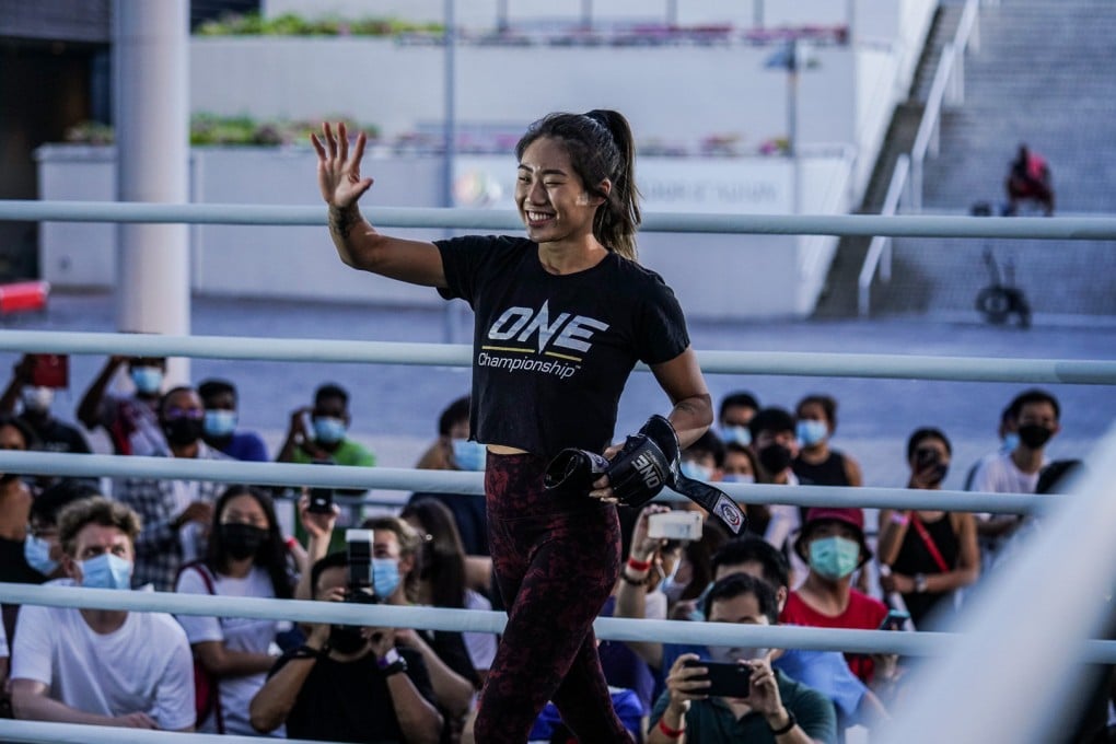 ONE atomweight champion Angela Lee addressed fans and media at the ONE X open workouts in Singapore. Photo: ONE Championship
