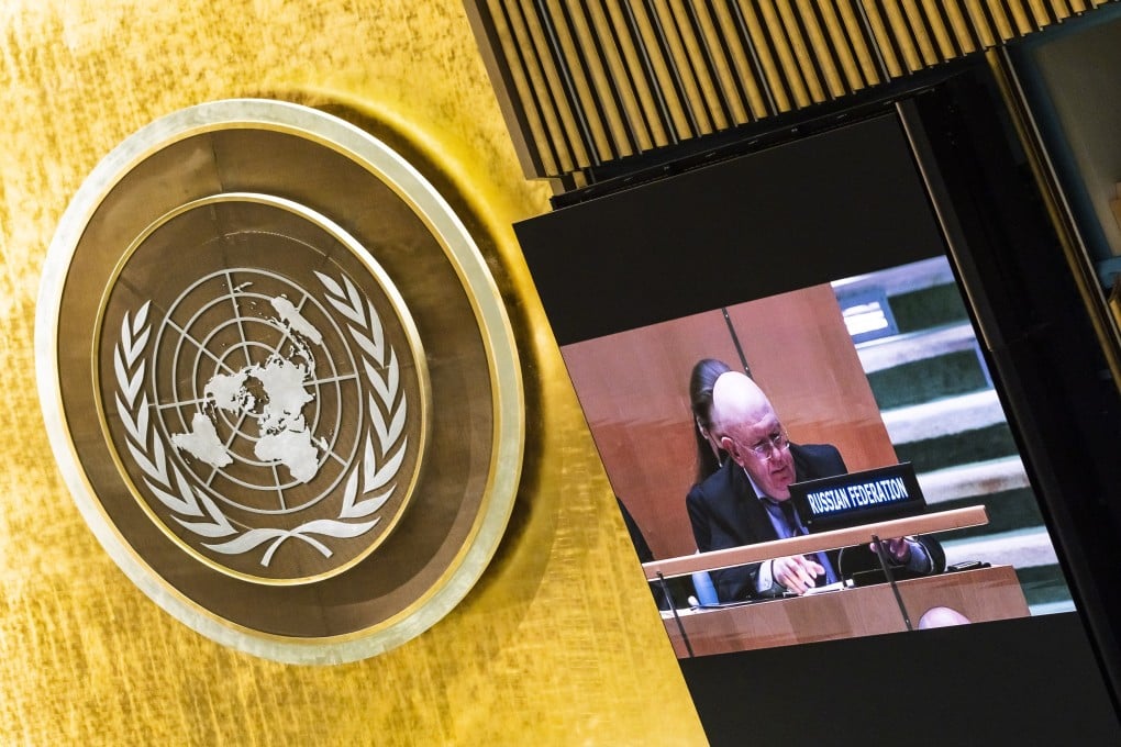 Russian UN Ambassador Vassily Nebenzia speaks during a General Assembly meeting on Thursday, when members passed a resolution denouncing the humanitarian crisis caused by Russia’s war on Ukraine. Photo: EPA-EFE
