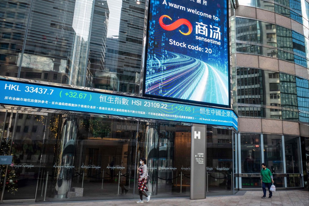 People walk beneath a welcome message for Chinese AI start-up SenseTime after listing on the stock exchange in Hong Kong on December 30, 2021. Photo: AFP