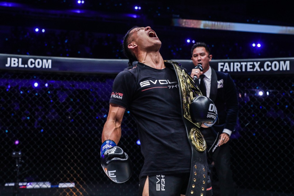 Hiroki Akimoto celebrates a thrilling bantamweight kick-boxing title win over Capitan Petchyindee at ONE X on March 26 in Singapore. Photo: ONE Championship.