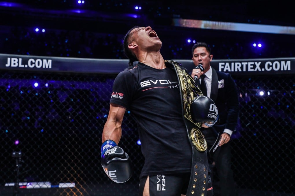 Hiroki Akimoto celebrates a thrilling bantamweight kick-boxing title win over Capitan Petchyindee at ONE X on March 26 in Singapore. Photo: ONE Championship.