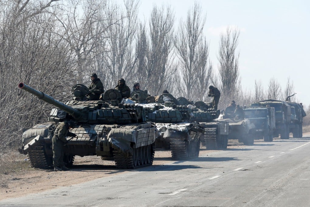 An armoured convoy of pro-Russian troops is seen outside the separatist-controlled town of Volnovakha in the Donetsk region, Ukraine on March 12. Photo: Reuters