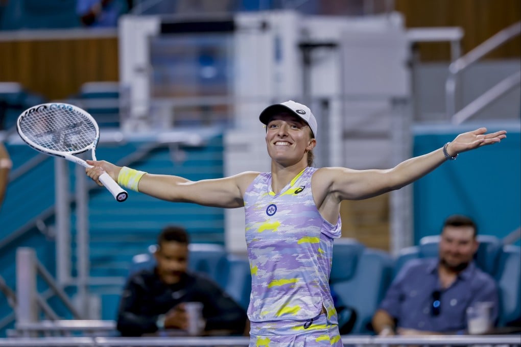 Iga Swiatek celebrates beating Viktorija Golubic in the second round of the Miami Open. Photo: EPA-EFE