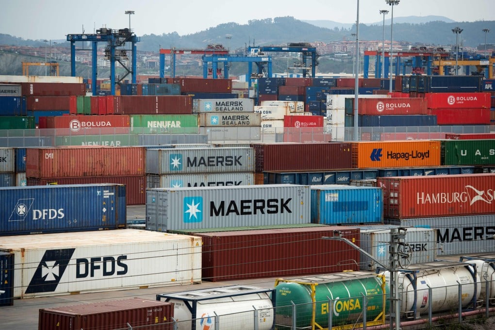 Shipping containers are seen piled up in the port of Bilbao, Spain, earlier this month. Photo: AFP