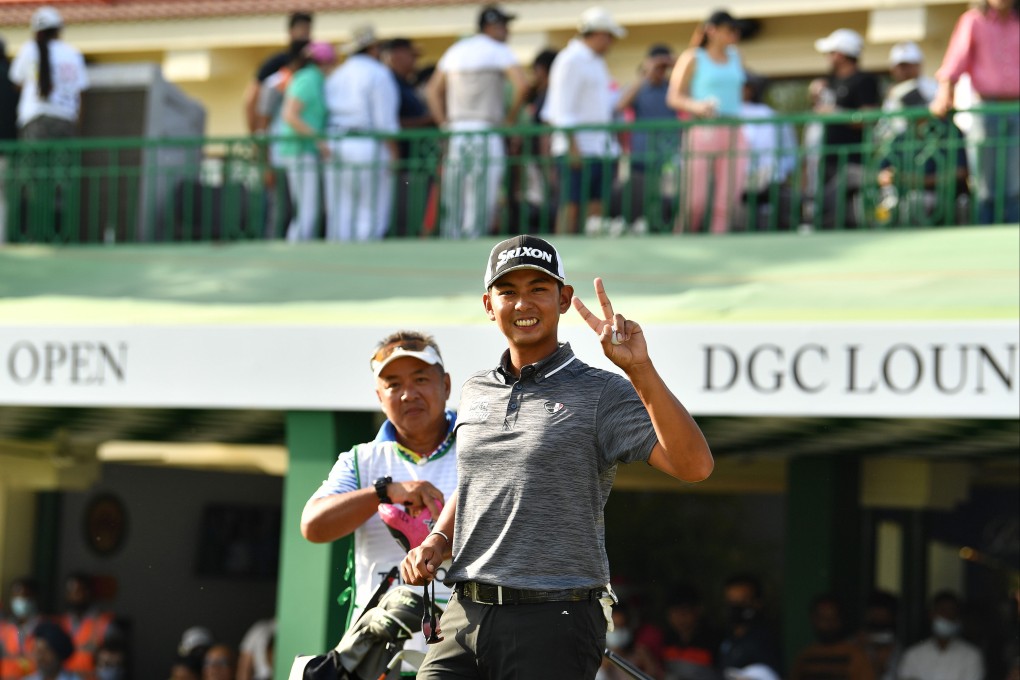 Nitihorn Thippong celebrates on the 18th green after winning the DGC Open. Photo: Paul Lakatos/Asian Tour.