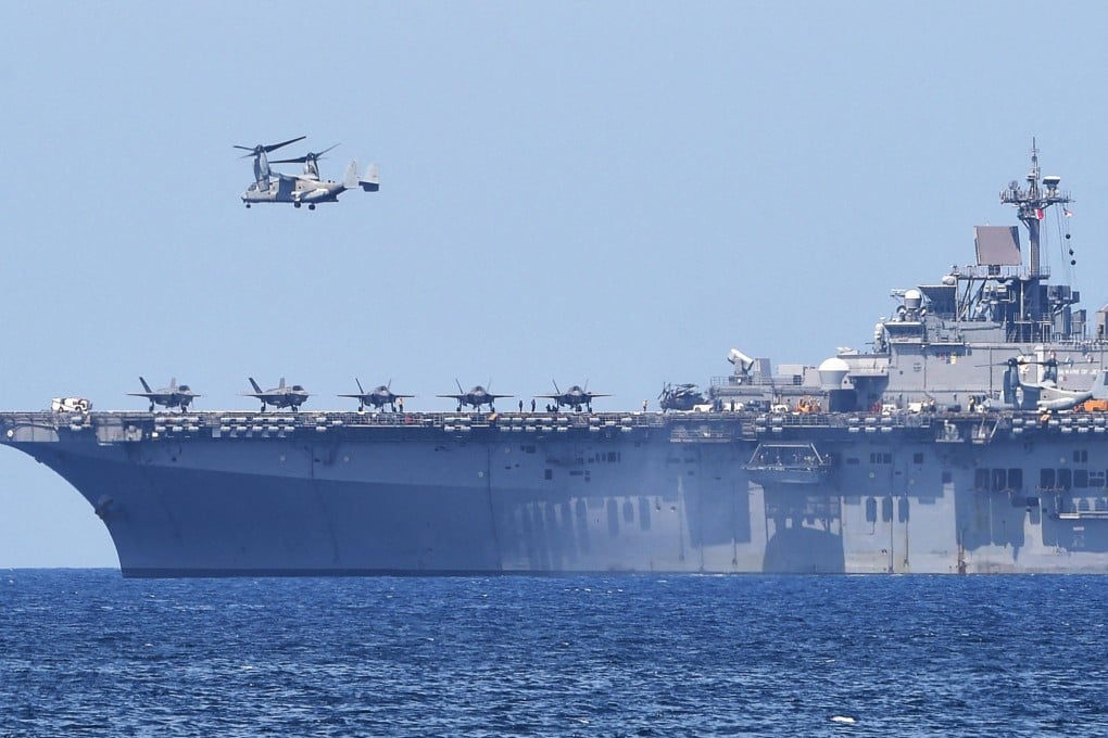 A helicopter takes off from the USS Wasp during a recent exercise in the South China Sea with the Philippine navy. Photo: AFP