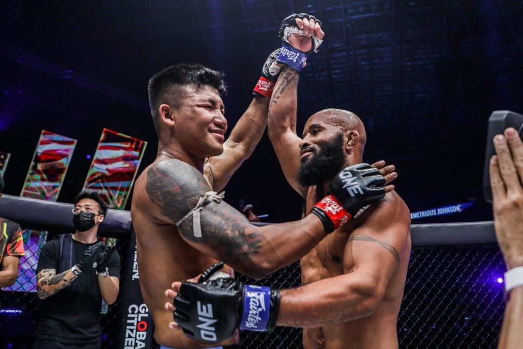 Rodtang congratulates Demetrious Johnson after their bout at ONE X. Photos: ONE Championship