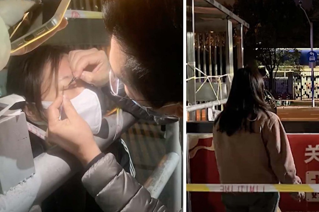 A woman has sutures from a double eyelid procedure removed at her residential complex gate by a doctor during Shanghai’s Covid-19 lockdown. Photo: SCMP Artwork