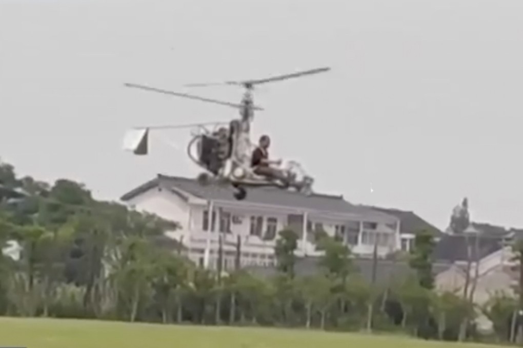 An elderly man was stopped by police in China while he was test-flying a home-made helicopter made with parts bought online and at hardware stores. Photo: SCMP Artwork