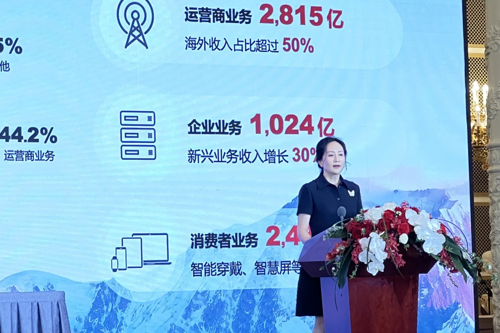 Huawei Technologies Co chief financial officer Meng Wanzhou speaks at a press conference for the company’s latest annual report in Shenzhen, in southern Guangdong province, on March 28, 2022. Photo: Iris Deng