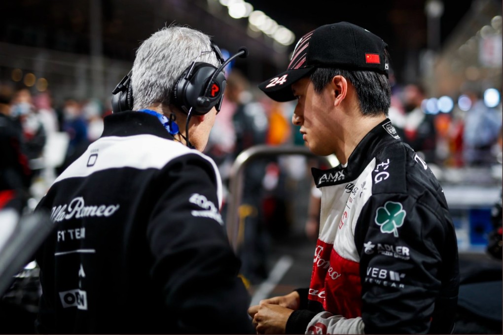 Alfa Romeo Racing’s Zhou Guanyu has a debrief after the Saudi Arabian Grand Prix. Photo: Twitter/@ZhouGuanyu24