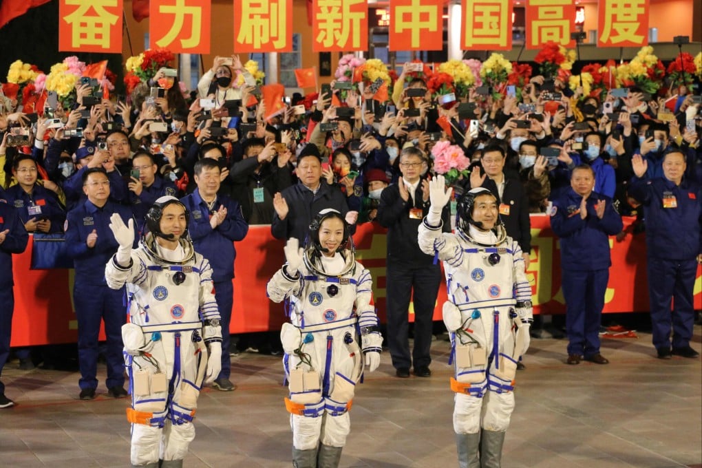 Astronauts (from left) Ye Guangfu, Wang Yaping and Zhai Zhigang set off from China’s Jiuquan Satellite Launch Centre last October. Photo: AFP