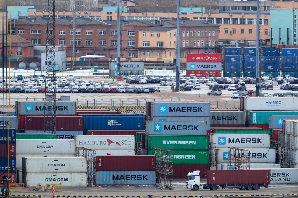 Shipping containers are stacked up at the Port of St. Petersburg. Certain goods and technology may no longer be brought into Russia from the EU and other Western countries due to Washington-led sanctions levied against Moscow for invading Ukraine. Photo: DPA