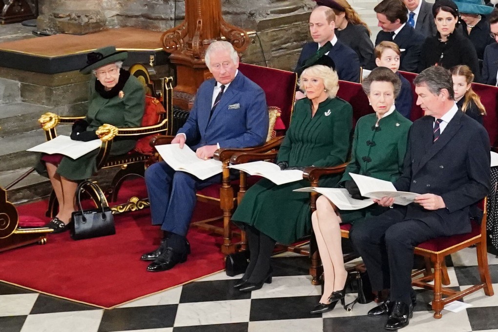 Britain’s Queen Elizabeth II (L), and front row (L to R) Britain’s Prince Charles, Prince of Wales, Britain’s Camilla, Duchess of Cornwall,  attend a Service of Thanksgiving for Britain’s Prince Philip, Duke of Edinburgh, at Westminster Abbey in central London on Tuesday. Philip, who was married to the queen for 73 years, died on April 9 last year aged 99, following a month-long stay in hospital with a heart complaint. Photo: Pool/AFP