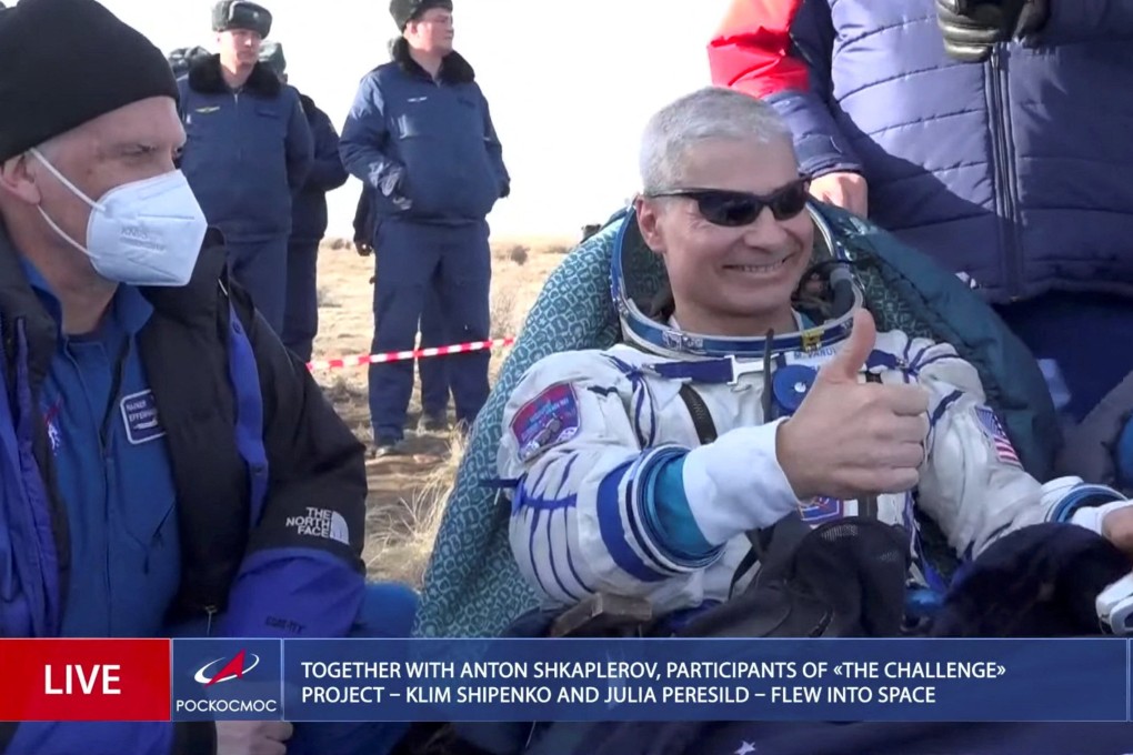 The International Space Station (ISS) crew member NASA astronaut Mark Vande Hei rests after landing with the Soyuz MS-19 space capsule in a remote area outside Zhezkazgan, Kazakhstan on Wednesday. Photo: Roscosmos/Handout via Reuters