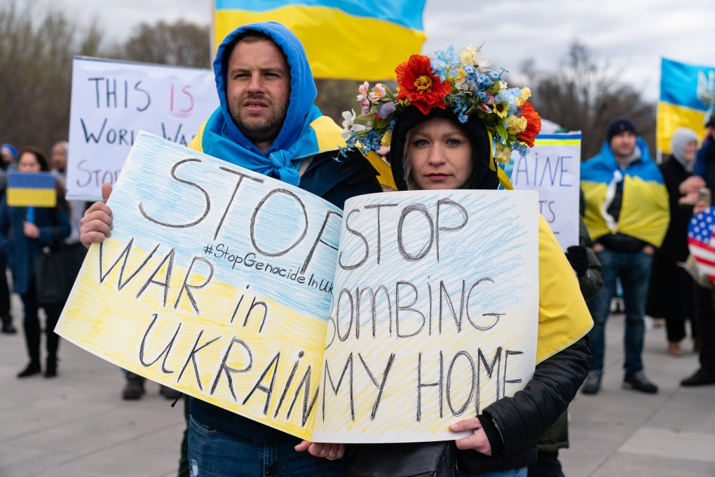 Demonstrators at a rally against Russia’s invasion of Ukraine on the National Mall in Washington, DC, on March 27. Photo: Bloomberg
