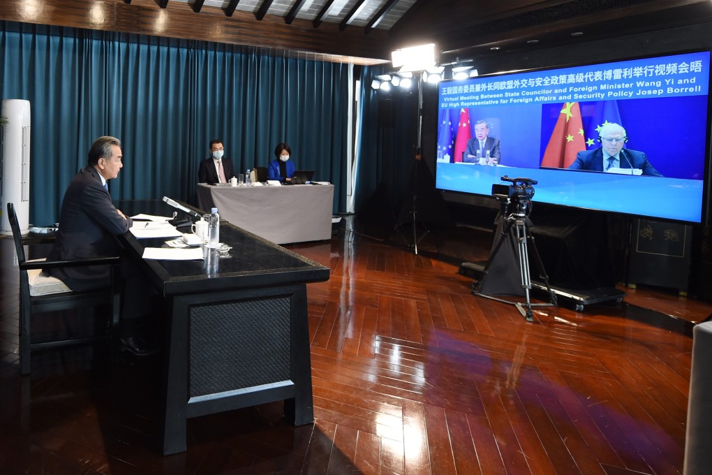 Chinese Foreign Minister Wang Yi speaks with EU foreign policy chief Josep Borrell from Tunxi, in Anhui province, on Tuesday. Photo: Xinhua