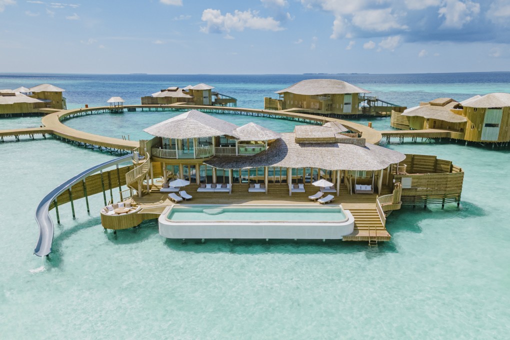 An aerial view of waterfront villas at luxury resort Soneva Jani in the Maldives. Photo: Handout