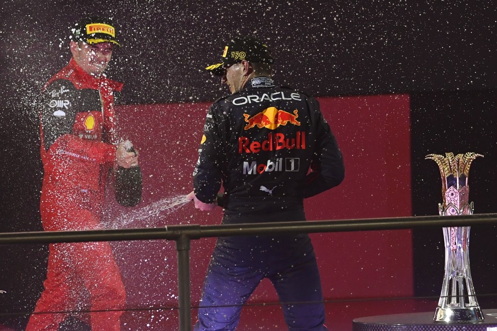 Red Bull’s Max Verstappen (right) celebrates winning the Saudi Arabian Grand Prix with Ferrari’s Charles Leclerc, who was second. Photo: EPA-EFE