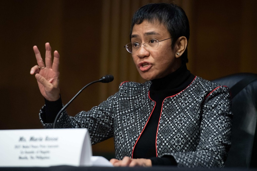 Journalist Maria Ressa, winner of the 2021 Nobel Peace Prize, testifies before a US Senate foreign relations subcommittee on Wednesday. Photo: AFP
