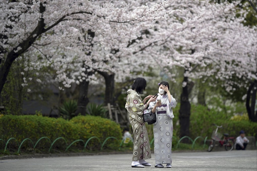 Wearing face masks to view the seasonal cherry blossoms this year at the Sumida Park in Tokyo. Photo: AP Photo
