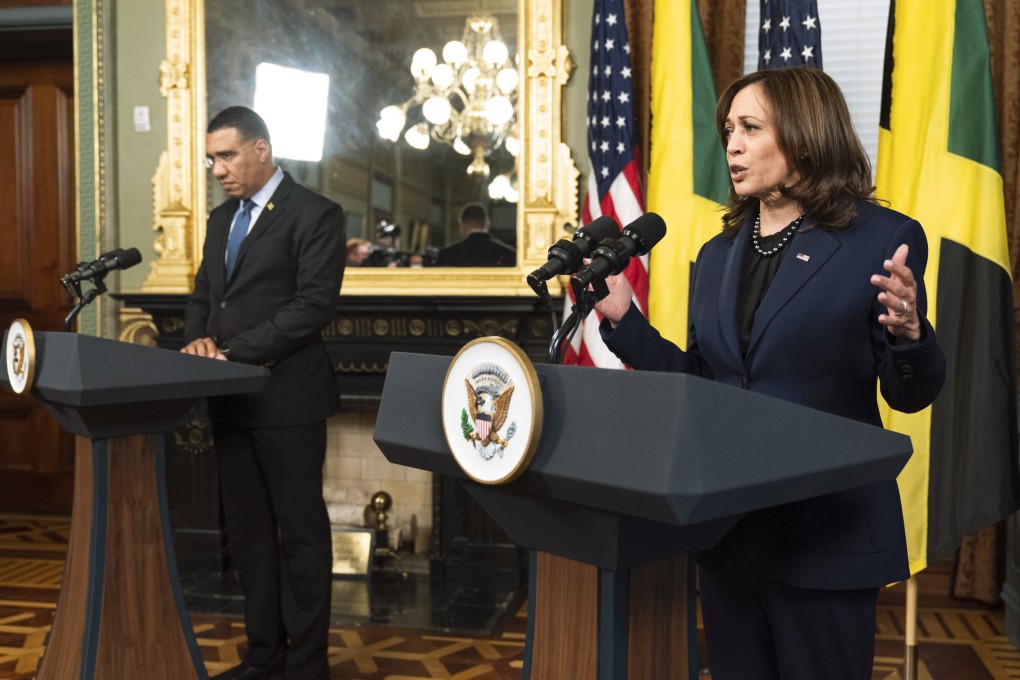 US Vice-President Kamala Harris and Jamaican PM Andrew Holness. Photo: AP