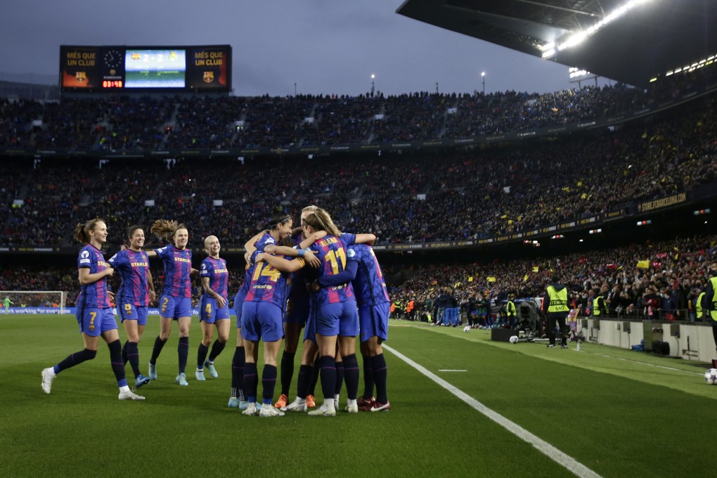 Barcelona celebrate scoring a third goal against Real Madrid during the Women’s Champions League quarter final at Camp Nou. Photo: AP