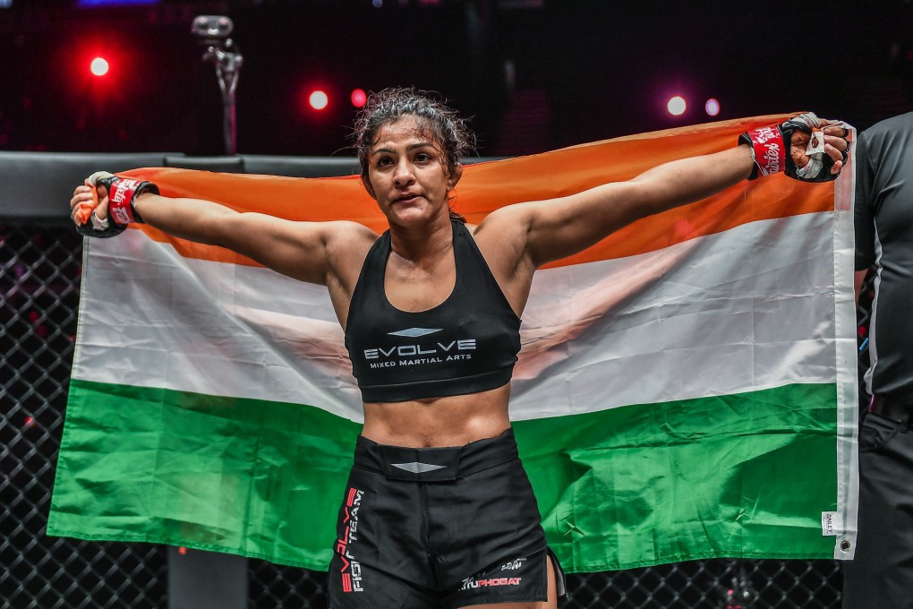 Ritu Phogat celebrates her ONE atomweight grand prix semi-final victory over Jenelyn Olsim.