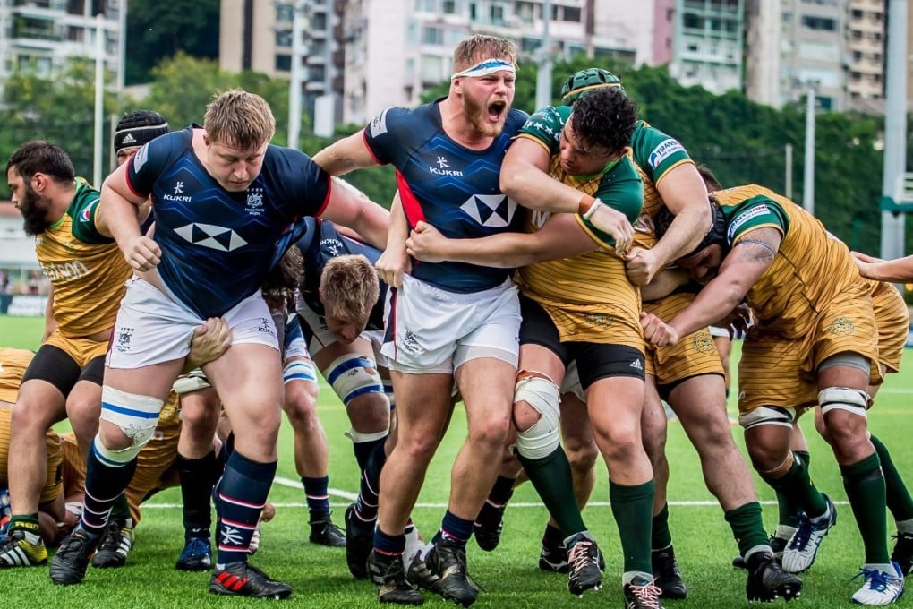 Hong Kong men’s rugby union representative team player Alexander Post (centre) in a game against Cook Islands at Happy Valley in 2019. Photo: HKRU