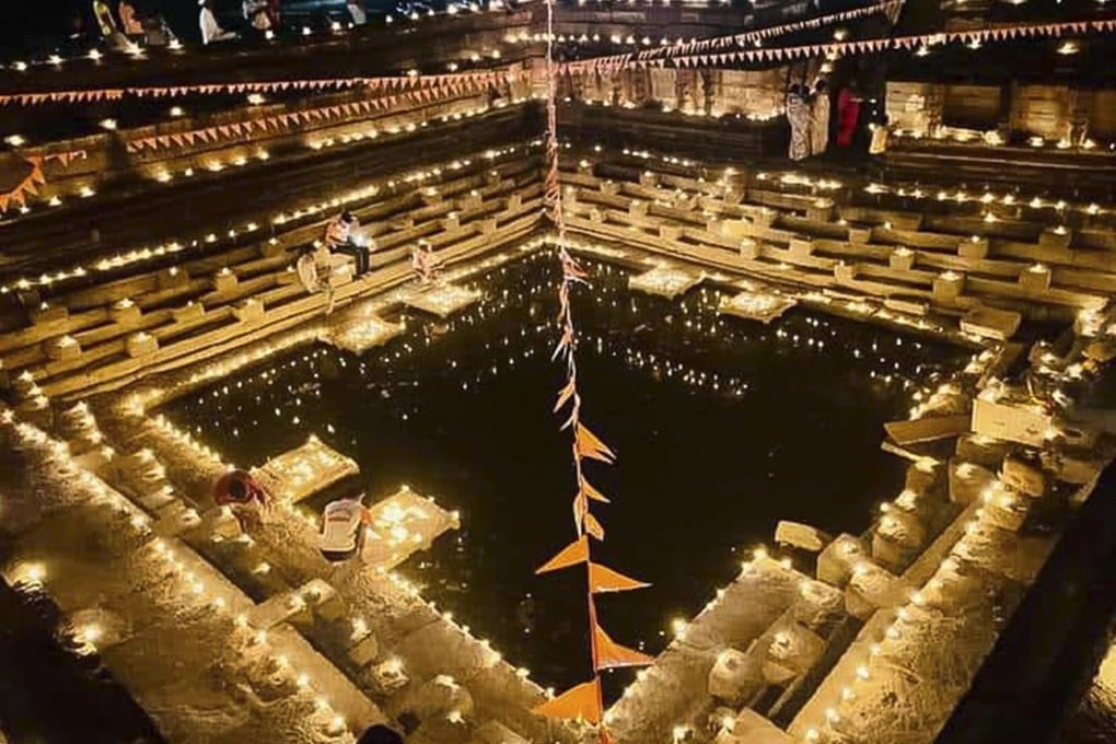 A stepwell in Deulgaon Village, in Ahmednagar District, in India’s Maharashtra state, lit with diyas, or small earthen lamps, on the annual Hindu festival of Maha Shivaratri.