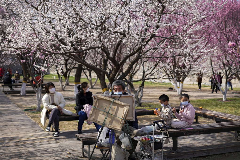 A man paints blooming plum blossoms at a park in Beijing on Monday. The cost of flying to the capital has plunged on the mainland as lockdowns affect most Chinese provinces. Photo: AP