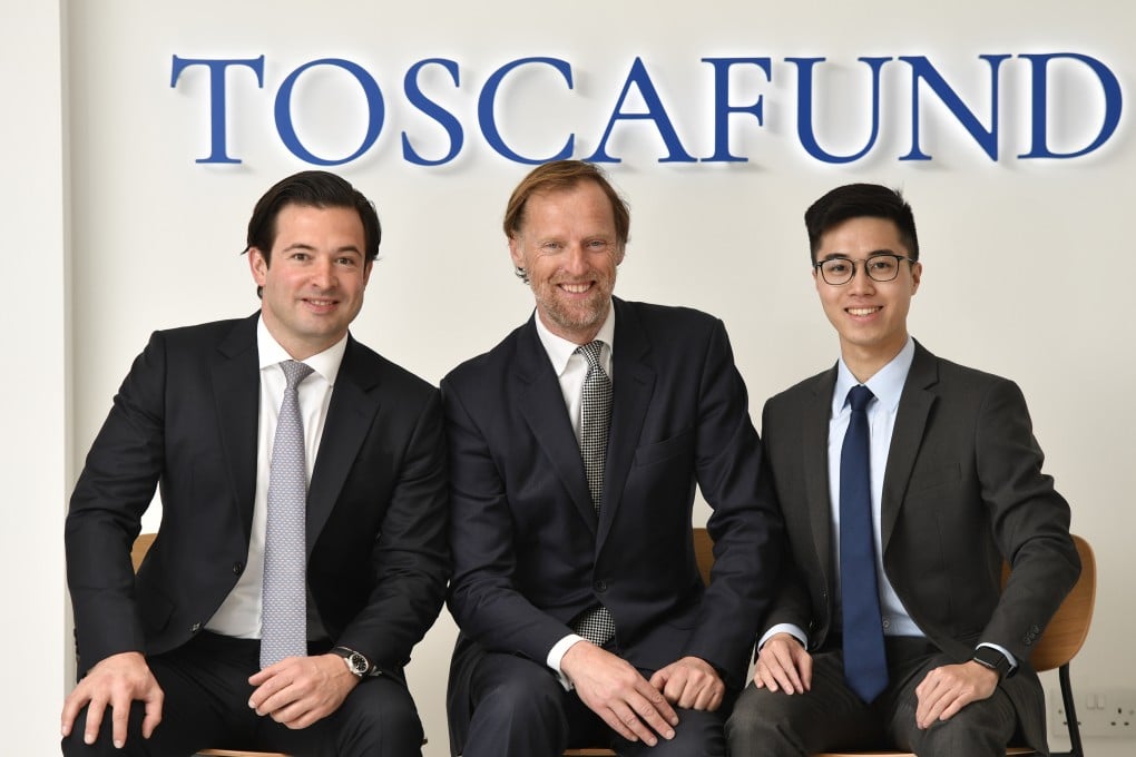 (L to R): Jonathan Sleath, Toscafund Hong Kong’s chief operating officer; Mark Tinker, its chief investment officer; and Kenneth Yuen, assistant fund manager. Photo: SCMP Handout