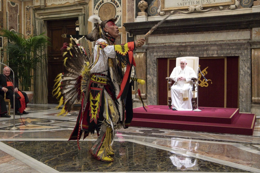 Pope Francis receives a delegation of the Indigenous Peoples of Canada in Vatican City on Friday. Photo: Vatican City via EPA-EFE