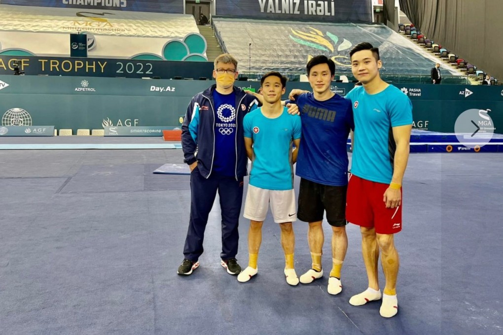 Hong Kong men’s gymnasts, with coach Sergiy (first left), getting ready for Baku World Cup.  Photo: Sergiyfb