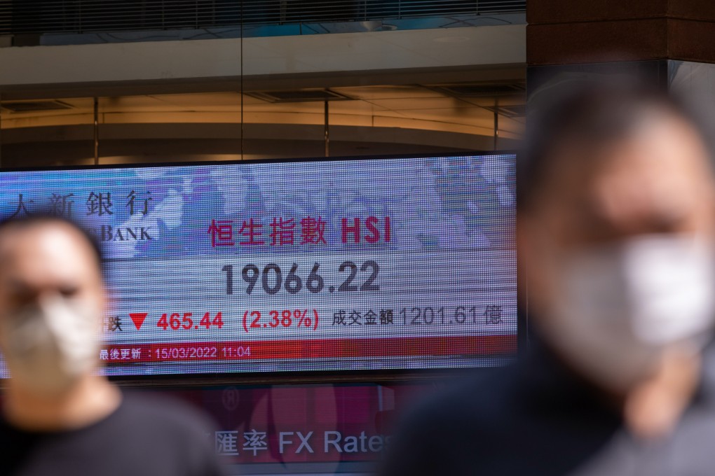 An electronic screen displays the Hang Seng Index in Hong Kong on March 15, 2022. After Chinese stocks suffered selloffs in March, Goldman Sachs is betting on strong growth for the year. Photo: Bloomberg
