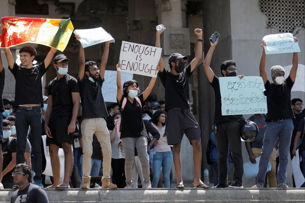 People shout slogans against Sri Lanka’s President Gotabaya Rajapaksa and demand that Rajapaksa family politicians step down, during a protest amid the country’s economic crisis,  in Colombo, Sri Lanka, on Monday. Photo: Reuters