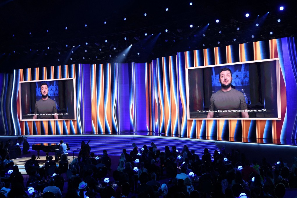 Ukrainian President Volodymyr Zelensky addresses the Grammy Awards ceremony via a video feed on Sunday. Photo: Reuters