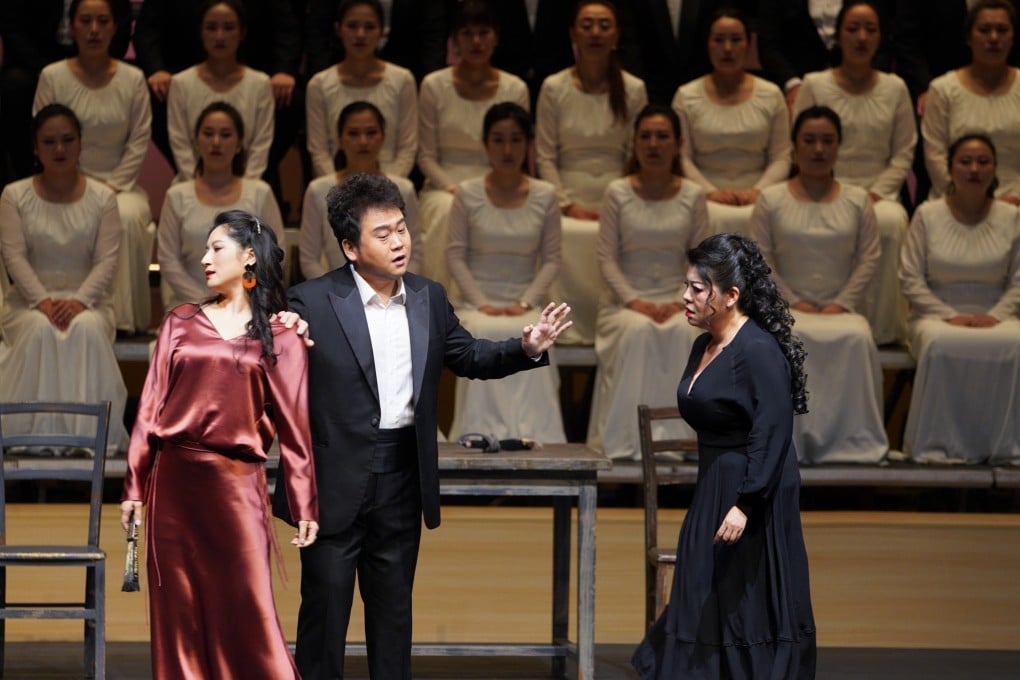 Shanghai Opera House cast members (from left) Dong Fang, Xue Haoyin and He Hui and choir in a scene from Mascagni’s opera Cavalleria Rusticana, streamed by Hong Kong Arts Festival. Photo; Cao Jiamial/Chen Yulin
