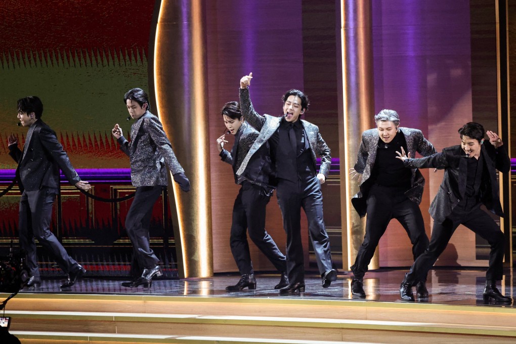 Members of BTS perform their hit song Butter during the 64th Grammy Awards show in Las Vegas on Sunday. The song missed out on an award, leaving fans of the K-pop boy band disappointed. Photo: Reuters