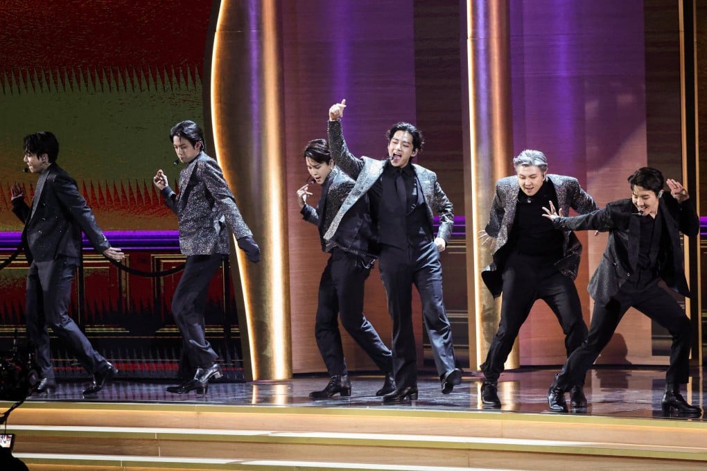 Members of BTS perform their hit song Butter during the 64th Grammy Awards show in Las Vegas on Sunday. The song missed out on an award, leaving fans of the K-pop boy band disappointed. Photo: Reuters