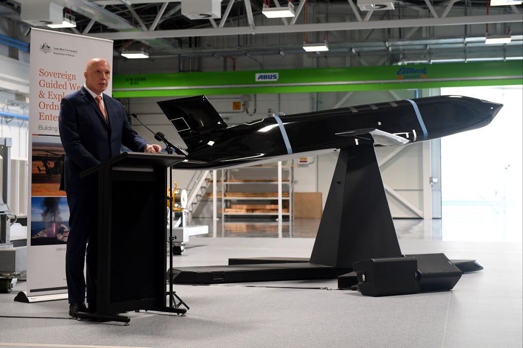 Australian Defence Minister Peter Dutton addresses industry representatives during the opening of the Navy Guided Weapons Maintenance Facility, in Western Sydney, Australia on Tuesday. Photo: EPA-EFE
