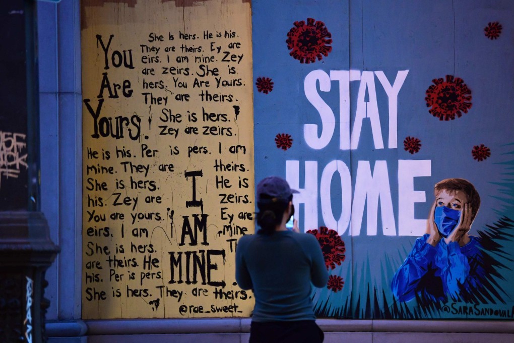 A public art installation aimed at turning boarded up shopfronts into works of art in Los Angeles, California on April 28, 2020. Photo: AFP