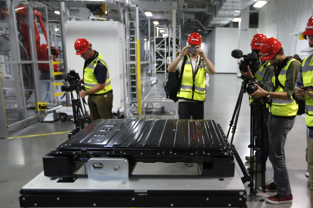 A Tesla battery pack is displayed during a media tour of its factory. Photo: AP