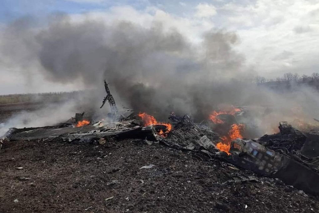 The burning wreckage of a Russian Su-35, which Ukrainian forces say was shot down near Kharkiv. Photo: Reuters