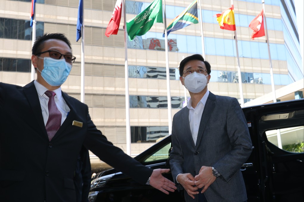 John Lee meets the media at Central Plaza in Wan Chai on April 8. Photo: Dickson Lee