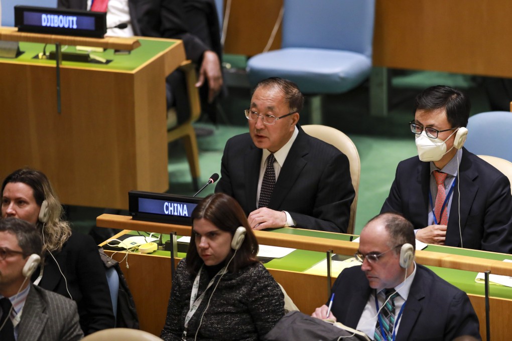 Chinese ambassador Zhang Jun speaks ahead of voting at the UN General Assembly in New York on Thursday. China opposed the resolution. Photo: Xinhua