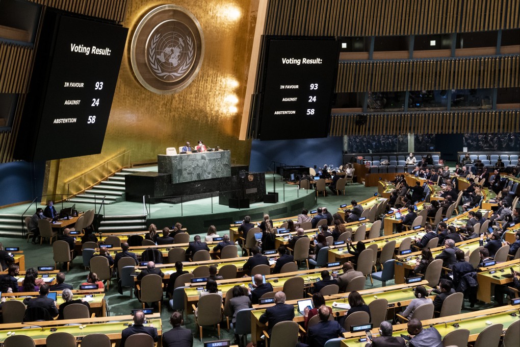 A completed resolution vote tally to affirm Russia’s suspension from the United Nations Human Rights Council is displayed during a General Assembly meeting on Thursday. Photo: AP