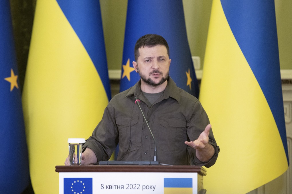 Ukrainian President Volodymyr Zelensky speaks during a joint press conference with EU Commission President Ursula von der Leyen, in Kyiv on Friday. Photo: EPA-EFE/Ukrainian Presidential Service handout
