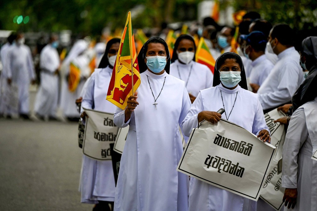Catholic priests and sisters take part in a demonstration against the economic crisis in Colombo on Saturday April 9, 2022. Photo: AFP